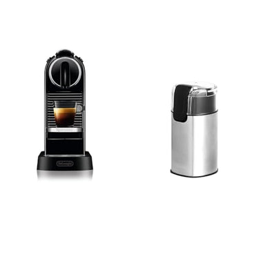 Nespresso De'Longhi EN167.B Citiz Kaffeekapselmaschine, mit Hochdruckpumpe, 1260W, 1liter,37.4 x 11.9 x 25.5 cm, Schwarz & Amazon Basics – Elektrische Kaffeemühle, Edelstahl im Sale